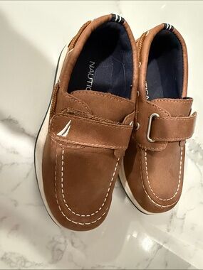 Nautica Boys Brown Velcro Boat Shoes with White Stitching